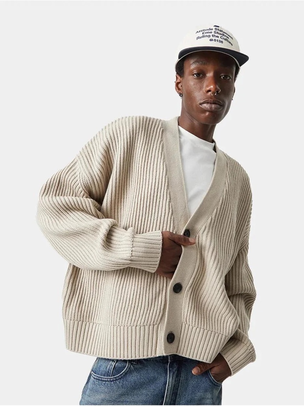 Unisex Beige Ribbed V-Neck Cardigan Sweater